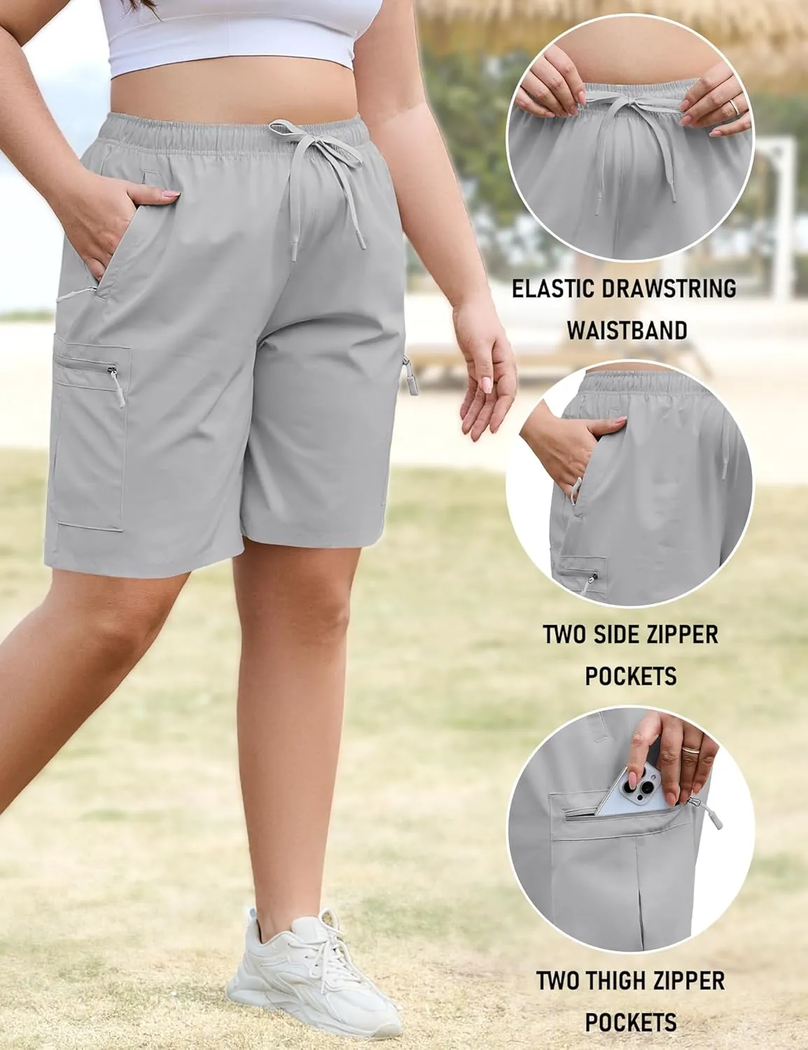 COOTRY Women's Plus Size 9'' Hiking Cargo Shorts Quick Dry Athletic Summer Shorts for Travel Golf with Zipper Pockets