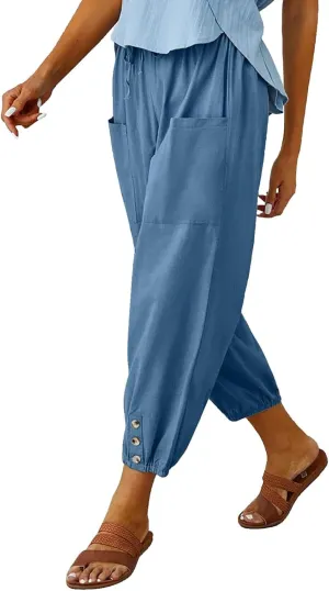 Cotton Casual Capri for Women Elastic High Waisted Loose Lantern Tapered Harem Pants with Pockets