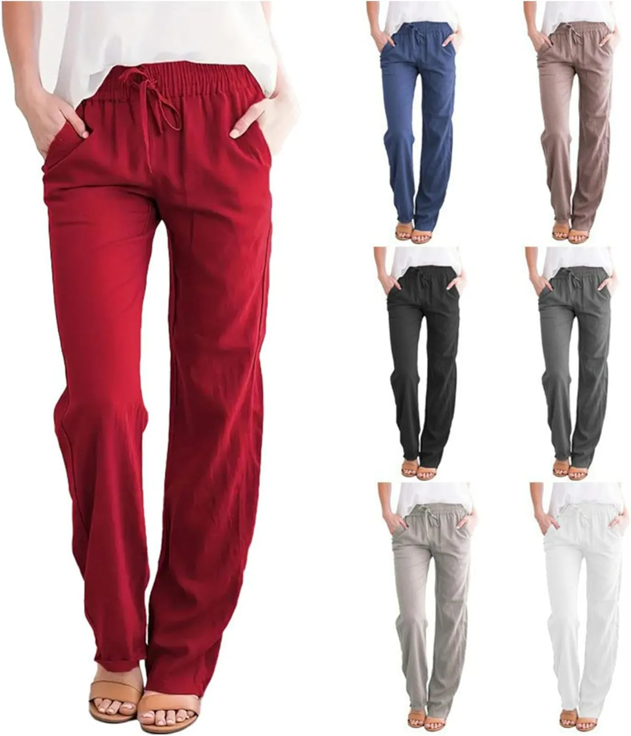 Cotton Cotton Linen Pants for Women Summer Casual Long Pants High Waisted Drawstring Trousers with Pockets