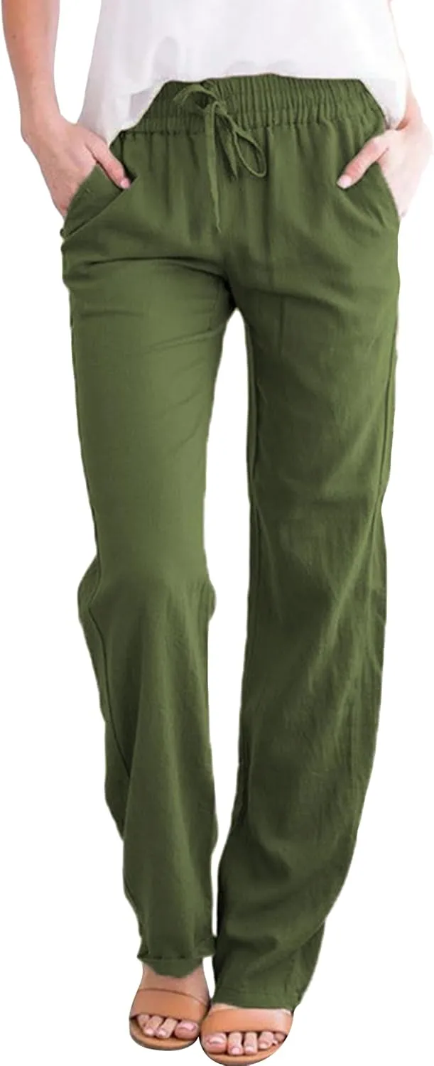 Cotton Cotton Linen Pants for Women Summer Casual Long Pants High Waisted Drawstring Trousers with Pockets