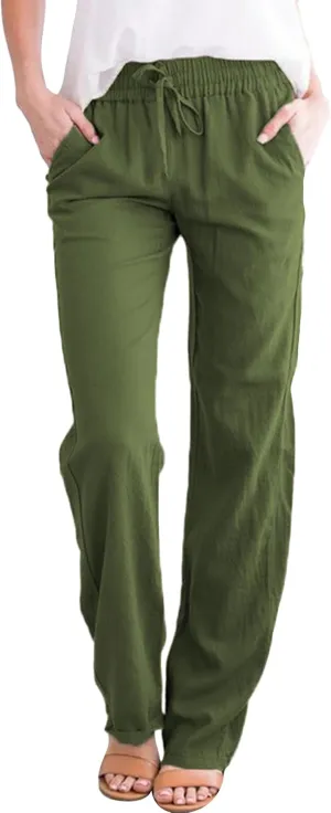 Cotton Cotton Linen Pants for Women Summer Casual Long Pants High Waisted Drawstring Trousers with Pockets