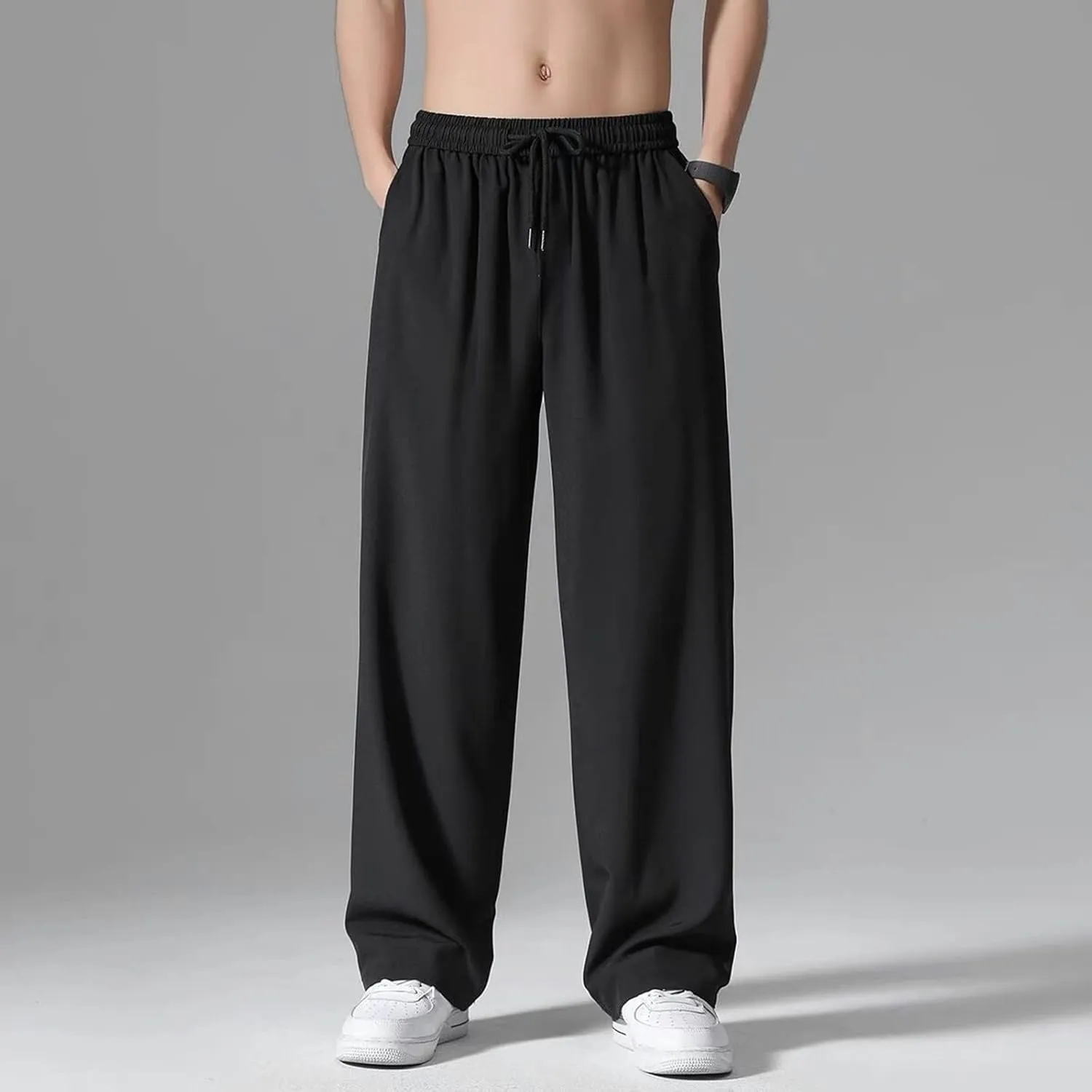 Cotton Linen Pants for Men Casual Loose Fit Pants Outdoor Hiking Trousers Drawstring Elastic Waist Straight Leg Pant