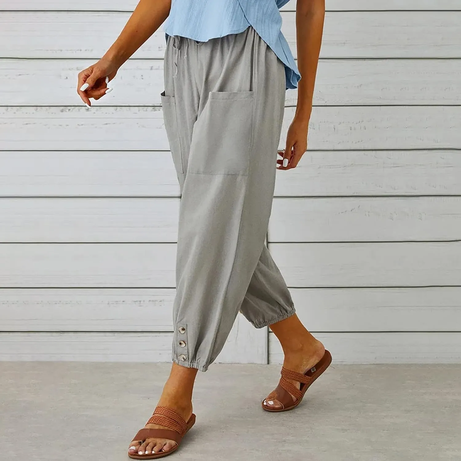 Cotton Linen Pants for Women Casual Summer Elastic High Waist Drawstring Lounge Pant Straight Leg Cropped Trousers
