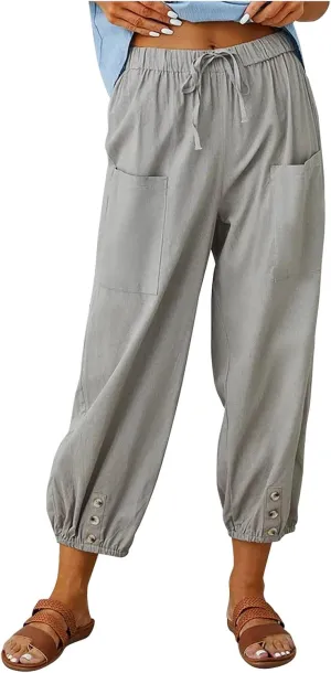 Cotton Linen Pants for Women Casual Summer Elastic High Waist Drawstring Lounge Pant Straight Leg Cropped Trousers