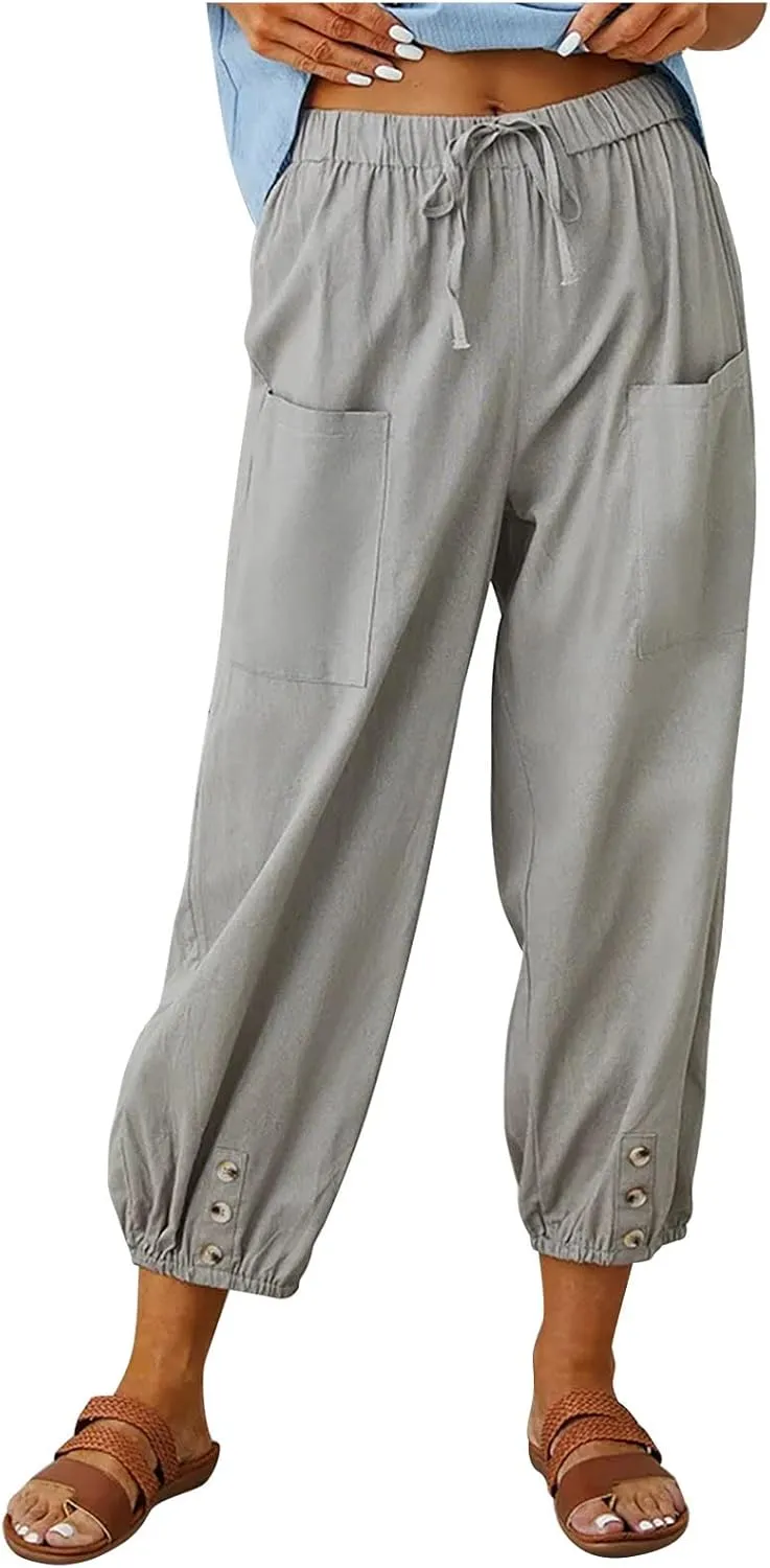Cotton Linen Pants for Women Casual Summer Elastic High Waist Drawstring Lounge Pant Straight Leg Cropped Trousers