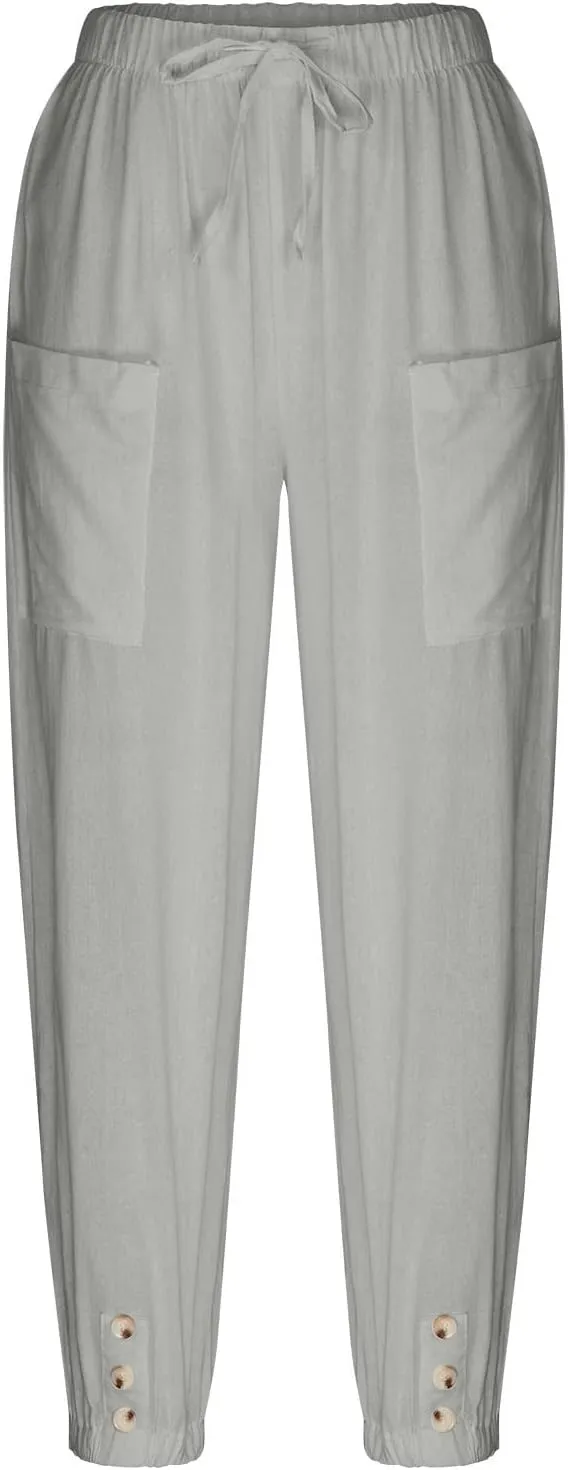 Cotton Linen Pants for Women Casual Summer Elastic High Waist Drawstring Lounge Pant Straight Leg Cropped Trousers