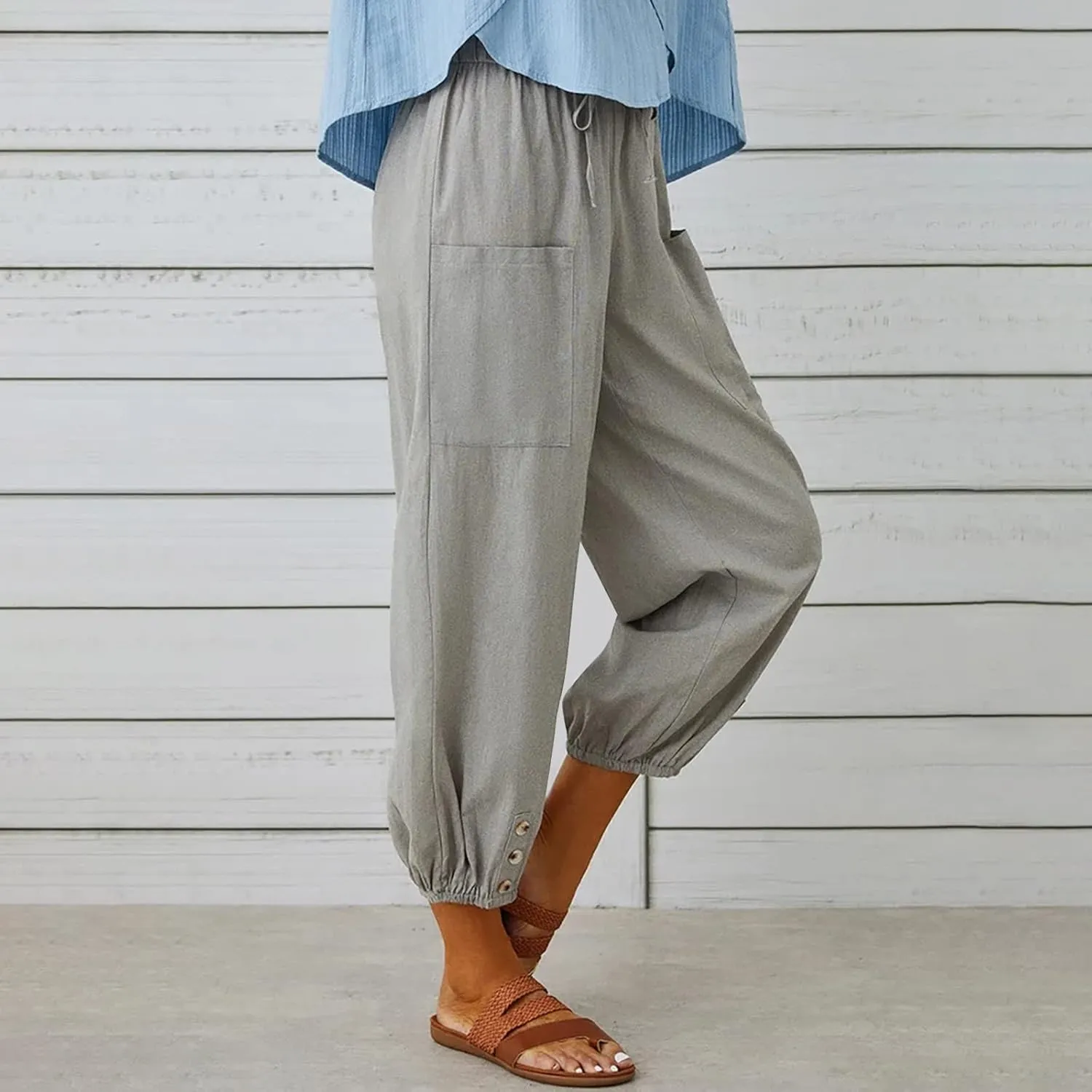 Cotton Linen Pants for Women Casual Summer Elastic High Waist Drawstring Lounge Pant Straight Leg Cropped Trousers