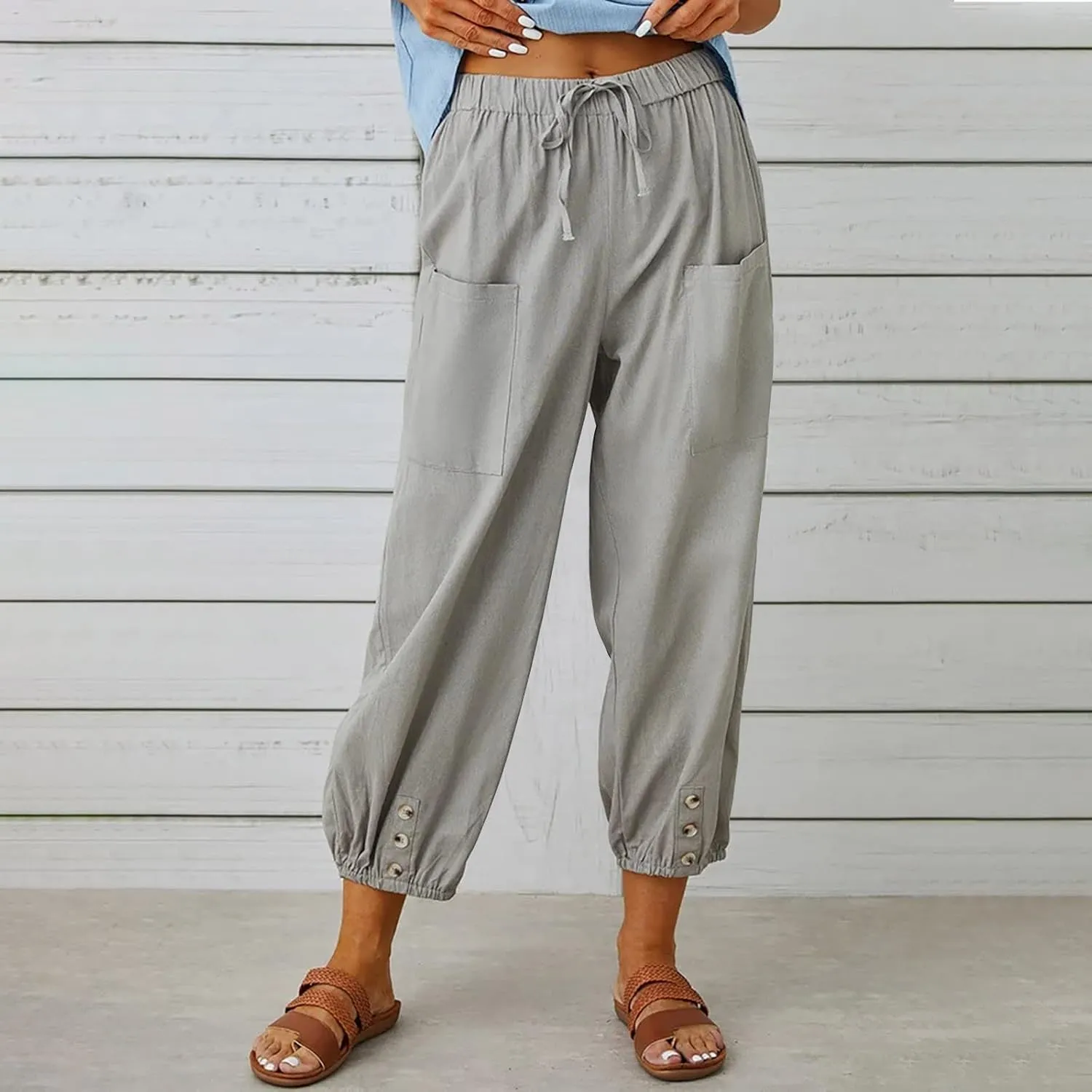 Cotton Linen Pants for Women Casual Summer Elastic High Waist Drawstring Lounge Pant Straight Leg Cropped Trousers