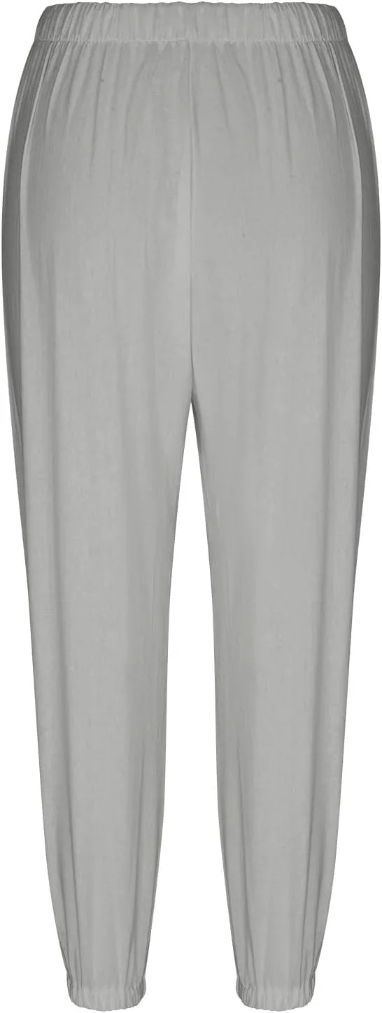 Cotton Linen Pants for Women Casual Summer Elastic High Waist Drawstring Lounge Pant Straight Leg Cropped Trousers