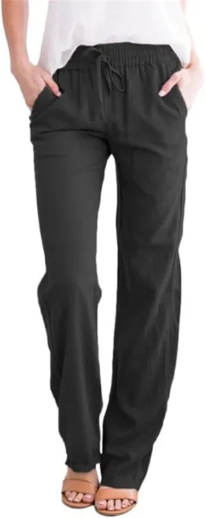 Cotton Linen Pants for Women Straight Leg Drawstring Long Trouser Loose Fit High Waist Beach Pants with Pockets