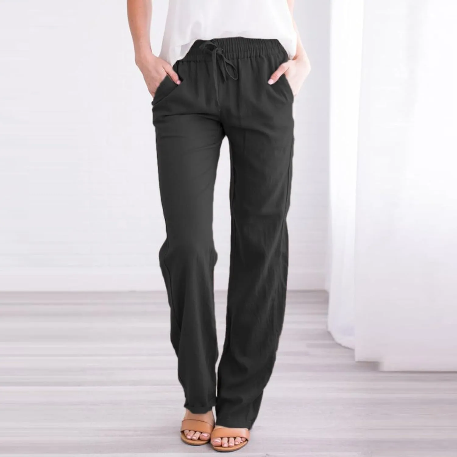 Cotton Linen Pants for Women Straight Leg Drawstring Long Trouser Loose Fit High Waist Beach Pants with Pockets