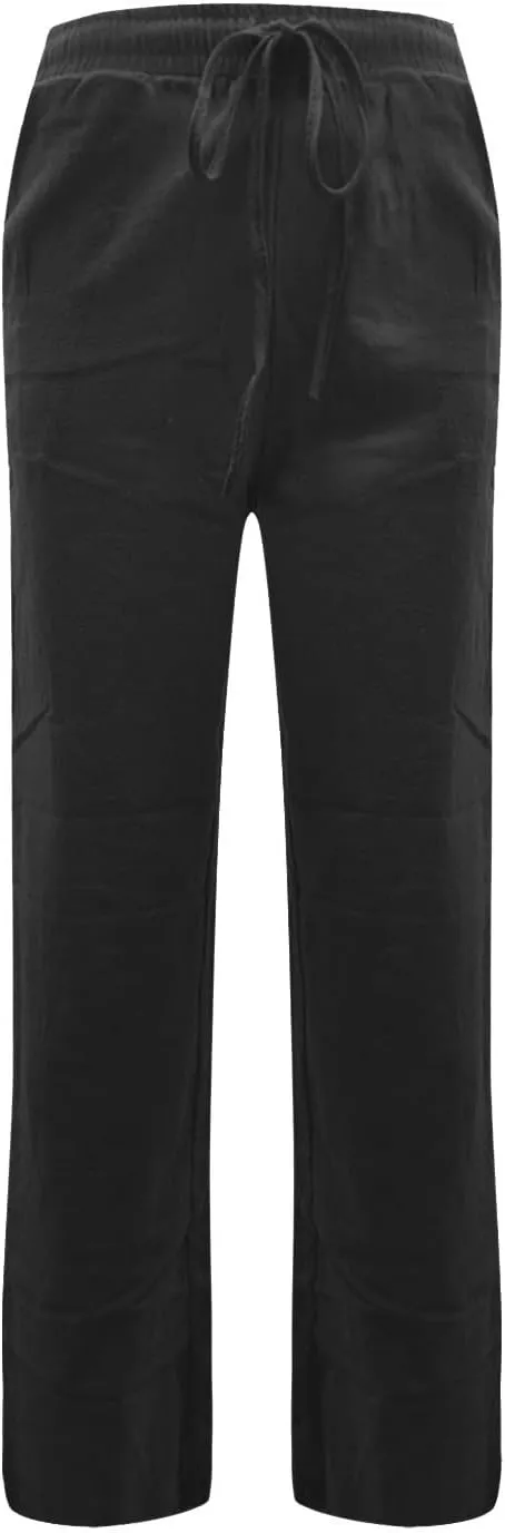 Cotton Linen Pants for Women Straight Leg Drawstring Long Trouser Loose Fit High Waist Beach Pants with Pockets