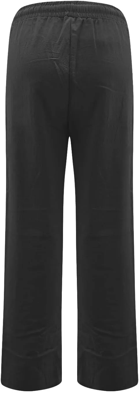 Cotton Linen Pants for Women Straight Leg Drawstring Long Trouser Loose Fit High Waist Beach Pants with Pockets