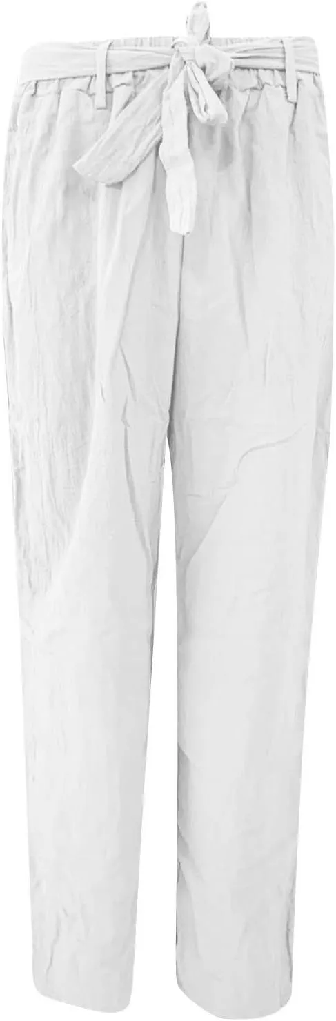 Cotton Linen Pants for Women Summer Palazzo Flowy Pants Wide Leg Beach Pants High Waist Casual Vacation Trouser