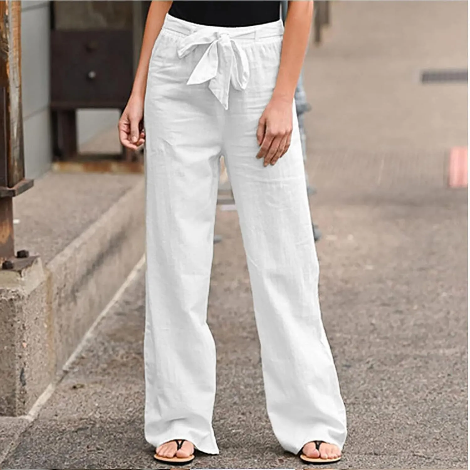 Cotton Linen Pants for Women Summer Palazzo Flowy Pants Wide Leg Beach Pants High Waist Casual Vacation Trouser