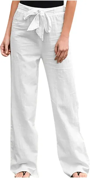 Cotton Linen Pants for Women Summer Palazzo Flowy Pants Wide Leg Beach Pants High Waist Casual Vacation Trouser
