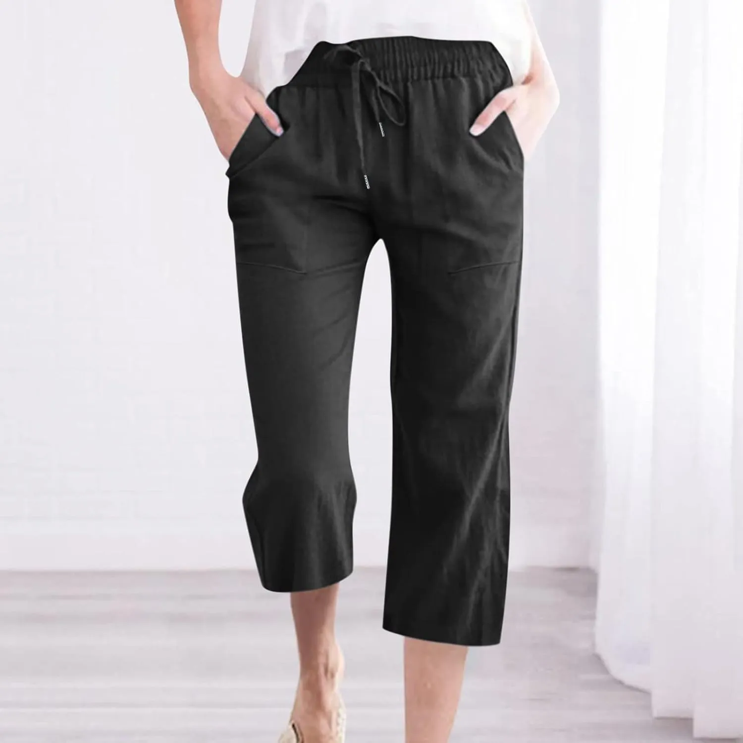 Cotton Linen Pants for Women Trendy 2024 High Waist Drawstring Cropped Pant Trousers Casual Summer Wide Leg Capris