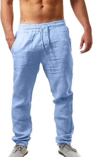 Cotton Linen Pants Men Casual Drawstring Summer Beach Pants Lightweight Breathable Flat Front Trouser with Pockets
