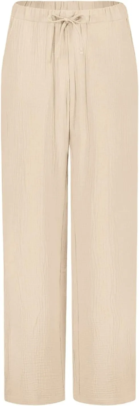 Cotton Linen Pants Women Summer Casual High Waisted Wide Leg Pants with Pockets Soft Boho Beach Trendy Trousers