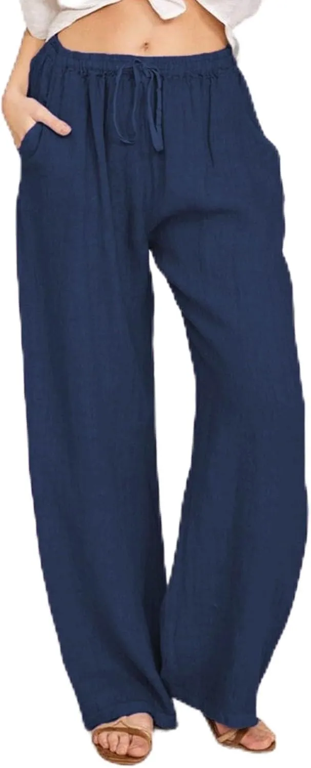Cotton Linen Pants Women Summer Drawstring High Waisted Palazzo Casual Pants Straight Leg Beach Lightweight Lounge