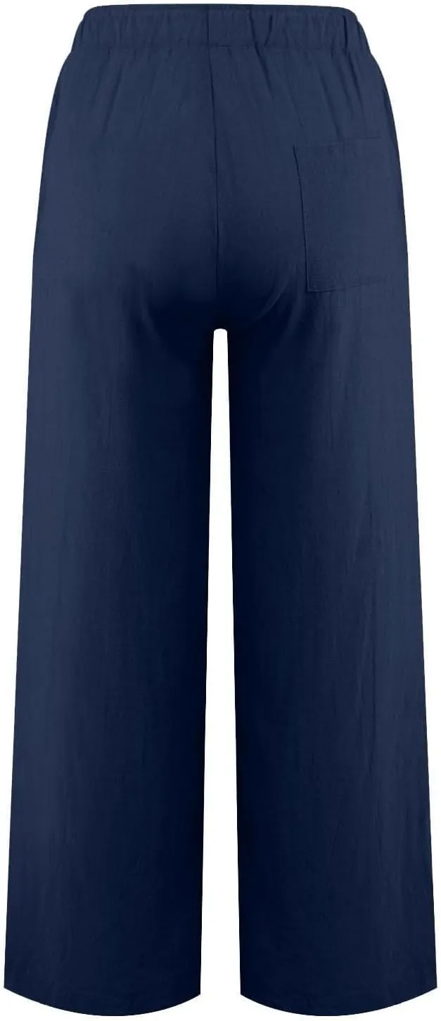 Cotton Linen Pants Women Summer Drawstring High Waisted Palazzo Casual Pants Straight Leg Beach Lightweight Lounge