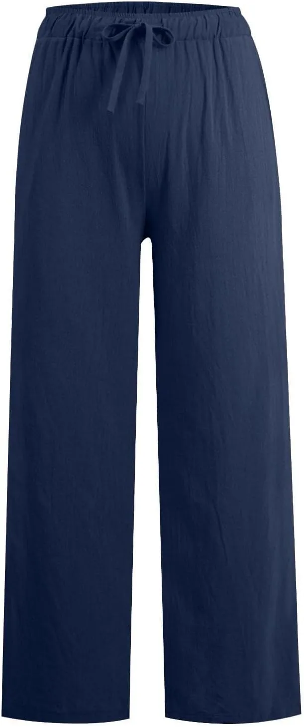 Cotton Linen Pants Women Summer Drawstring High Waisted Palazzo Casual Pants Straight Leg Beach Lightweight Lounge