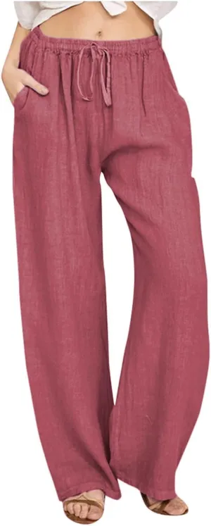 Cotton Linen Pants Women Summer Drawstring High Waisted Palazzo Pants Casual Wide Leg Yoga Trousers with Pockets