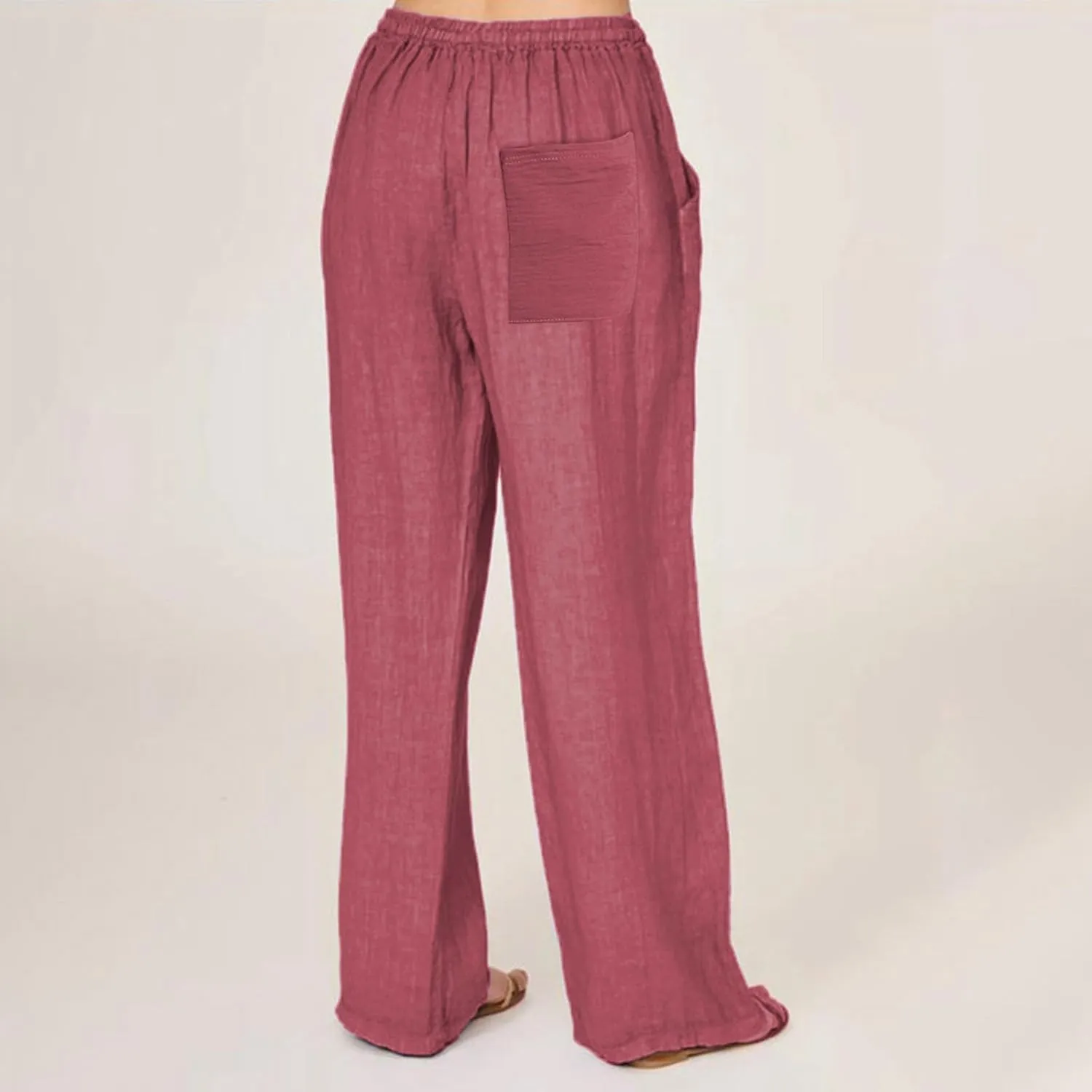 Cotton Linen Pants Women Summer Drawstring High Waisted Palazzo Pants Casual Wide Leg Yoga Trousers with Pockets