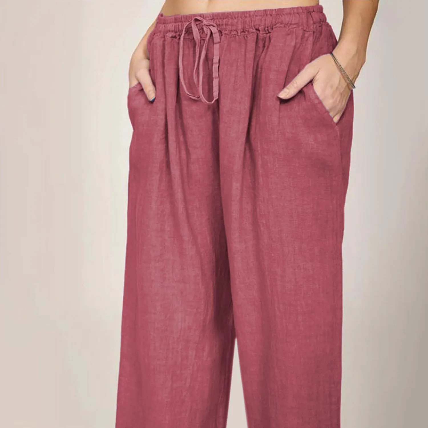 Cotton Linen Pants Women Summer Drawstring High Waisted Palazzo Pants Casual Wide Leg Yoga Trousers with Pockets