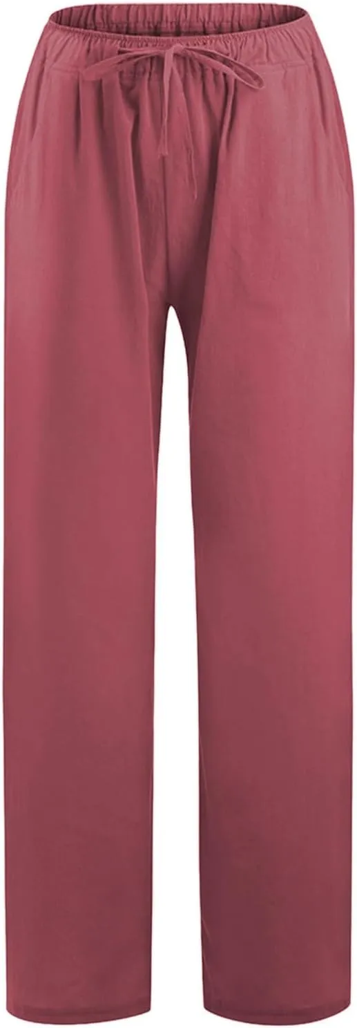 Cotton Linen Pants Women Summer Drawstring High Waisted Palazzo Pants Casual Wide Leg Yoga Trousers with Pockets