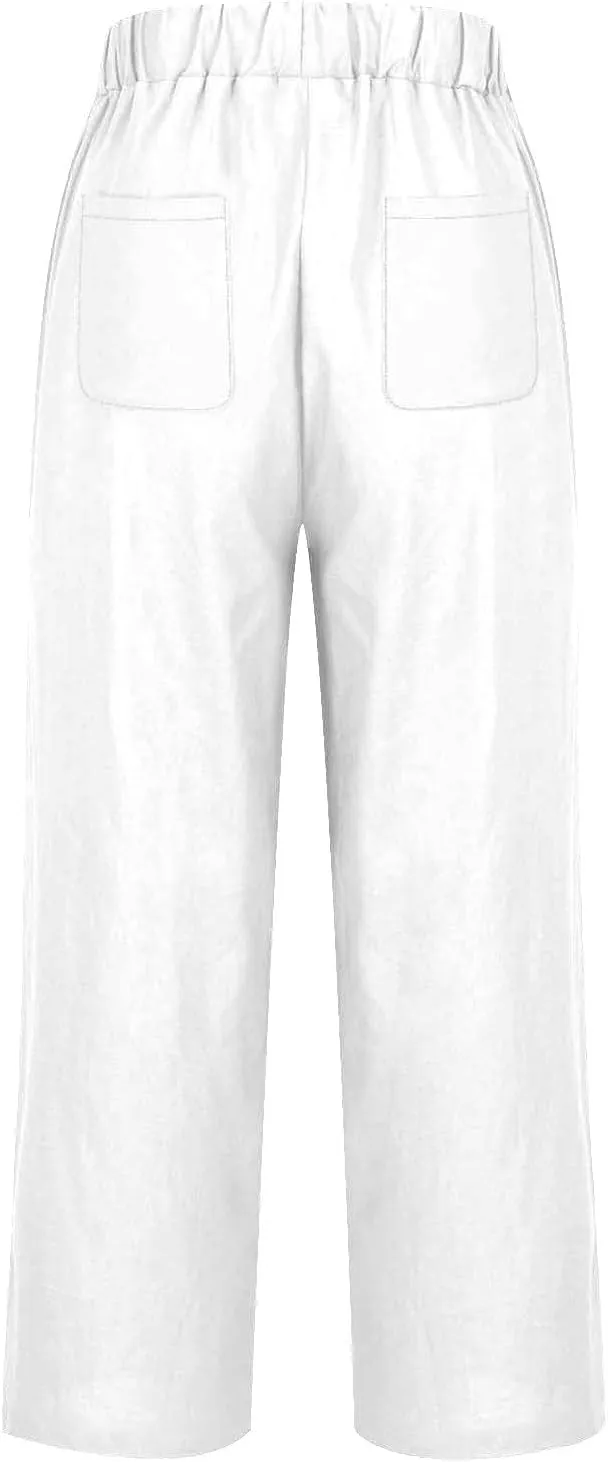 Cotton Linen Pants Women's Casual Summer Relax Fit Elastic Waist Straight Leg Comfy Solid Lounge Long Trouser with