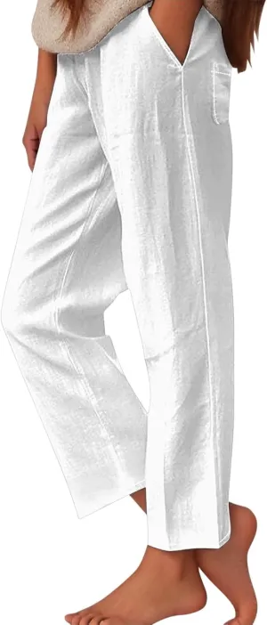 Cotton Linen Pants Women's Casual Summer Relax Fit Elastic Waist Straight Leg Comfy Solid Lounge Long Trouser with
