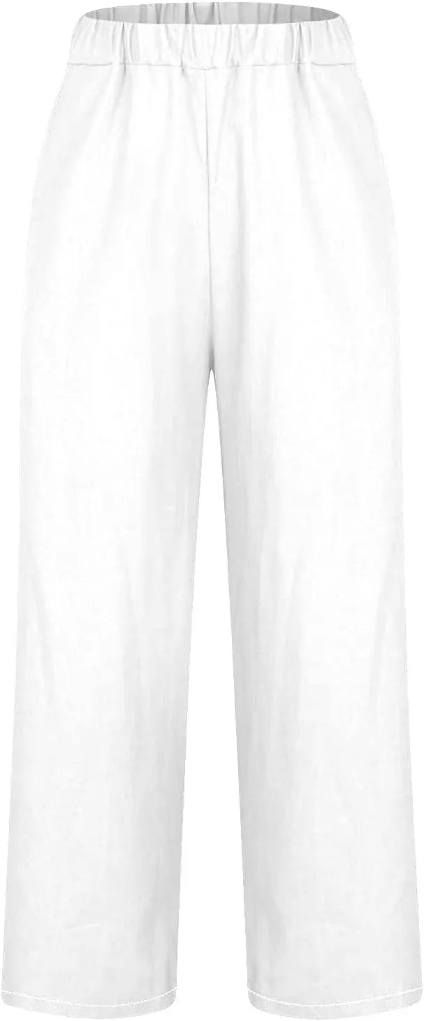 Cotton Linen Pants Women's Casual Summer Relax Fit Elastic Waist Straight Leg Comfy Solid Lounge Long Trouser with