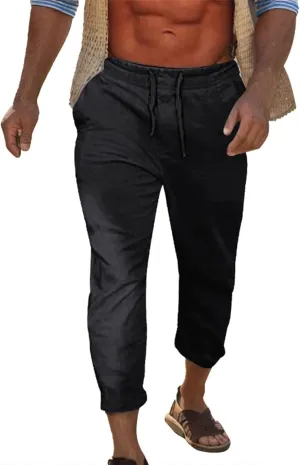 Cotton Linen Yoga Pants Men Summer Elastic Waist Drawstring Beach Athletic Pants for Workout, Jogging, Running