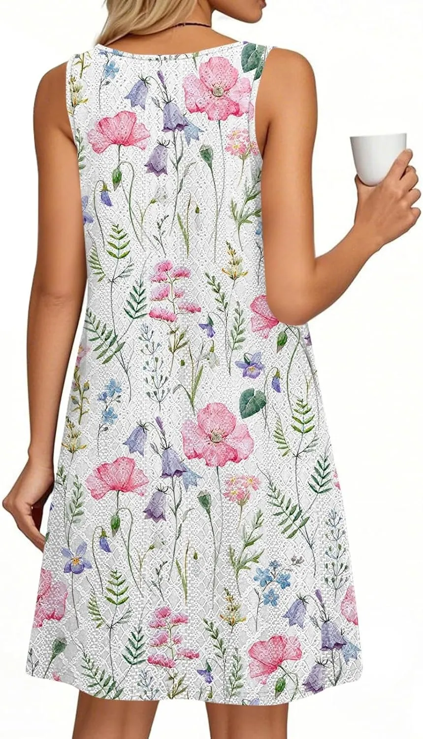 Coverup Summer Dresses for Women 2025 Eyelet Casual Loose Sleeveless Sundresses Tank Dresses with Pockets
