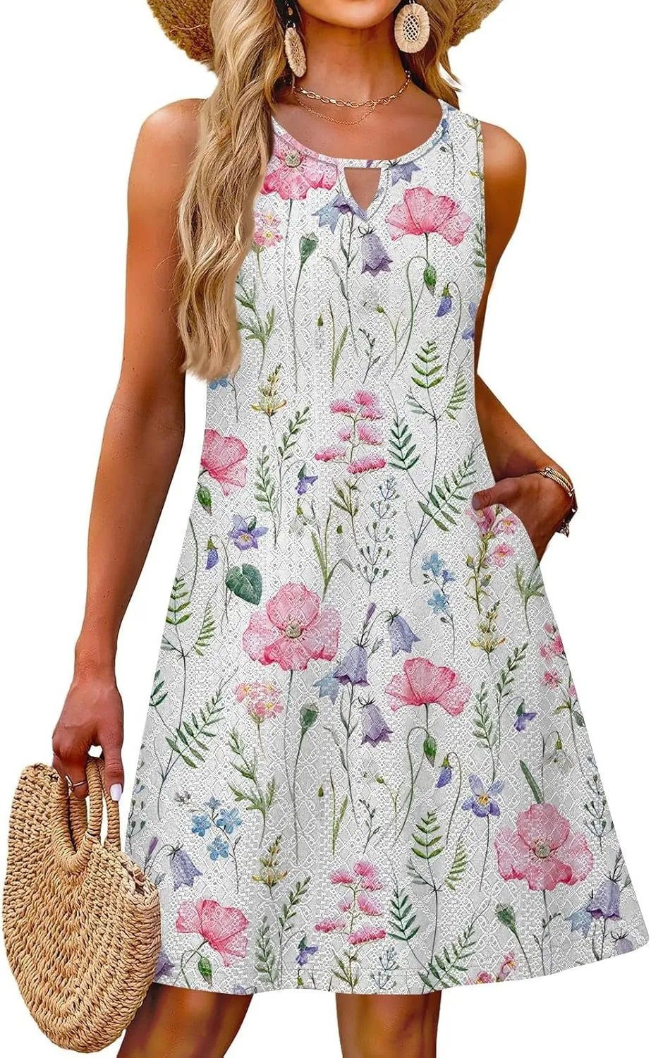 Coverup Summer Dresses for Women 2025 Eyelet Casual Loose Sleeveless Sundresses Tank Dresses with Pockets