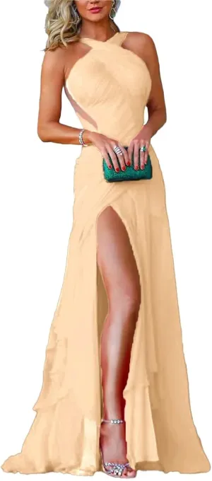 Criss Cross Halter Neck Chiffon Bridesmaid Gown Sleeveless Formal Maxi Dresses with Slit Pleated DR0096