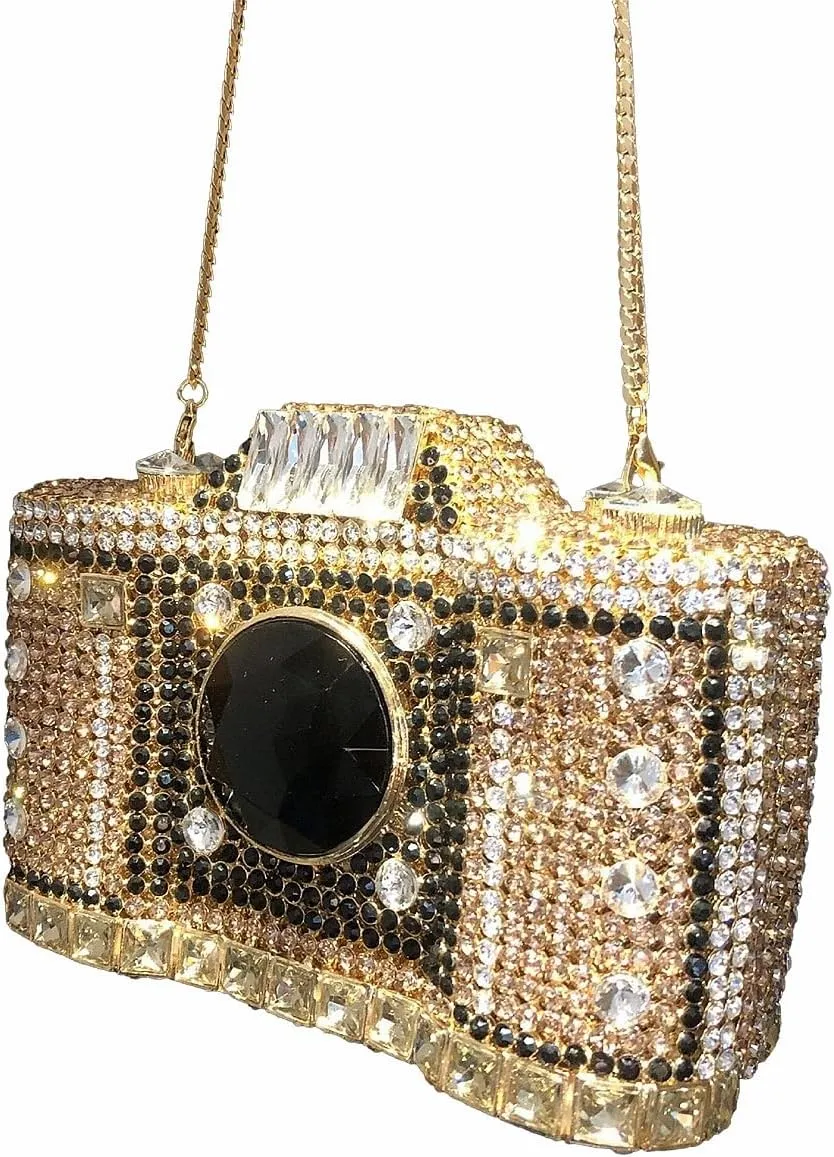 Crystal Camera Shaped Evening Bag for Women Handmade Clutch Rhinestone Purse Handbag for Formal Party Cocktail, Pink