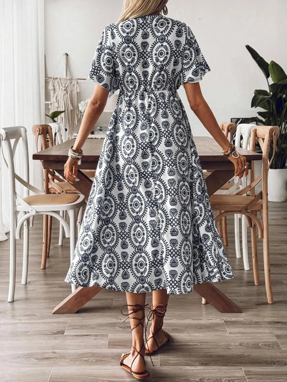 CUPSHE Women Ruffle Boho Midi Summer Dress Paisley V Neck Short Sleeve High Waist Elastic Casual Spring Beach Dresses