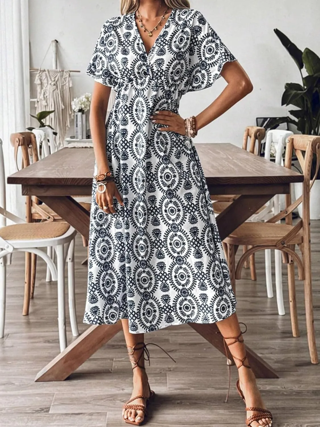 CUPSHE Women Ruffle Boho Midi Summer Dress Paisley V Neck Short Sleeve High Waist Elastic Casual Spring Beach Dresses