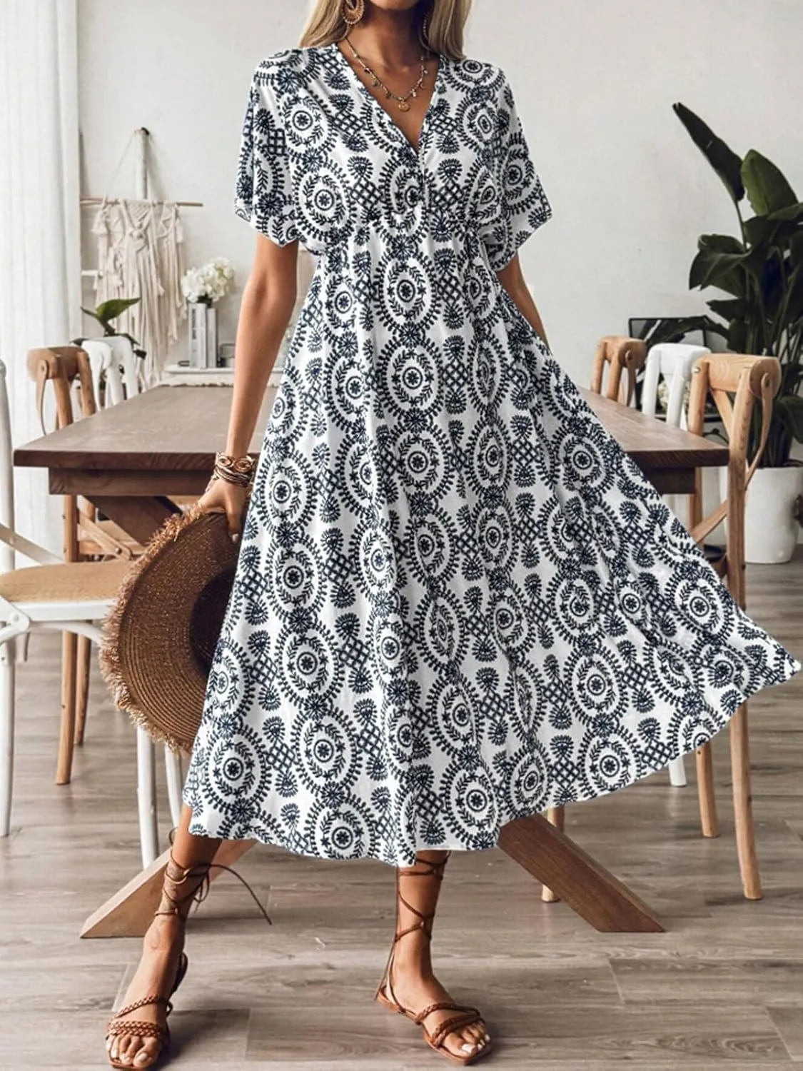 CUPSHE Women Ruffle Boho Midi Summer Dress Paisley V Neck Short Sleeve High Waist Elastic Casual Spring Beach Dresses