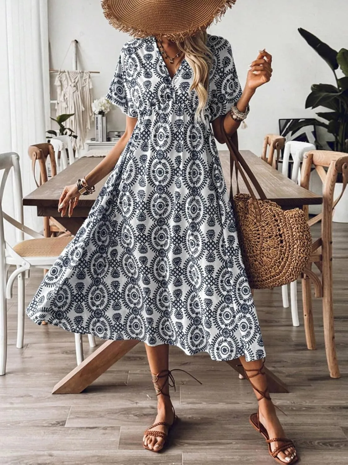 CUPSHE Women Ruffle Boho Midi Summer Dress Paisley V Neck Short Sleeve High Waist Elastic Casual Spring Beach Dresses