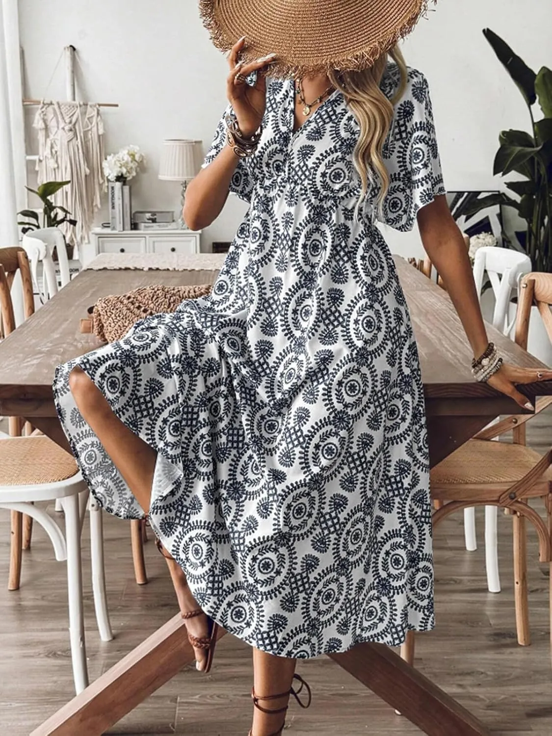 CUPSHE Women Ruffle Boho Midi Summer Dress Paisley V Neck Short Sleeve High Waist Elastic Casual Spring Beach Dresses