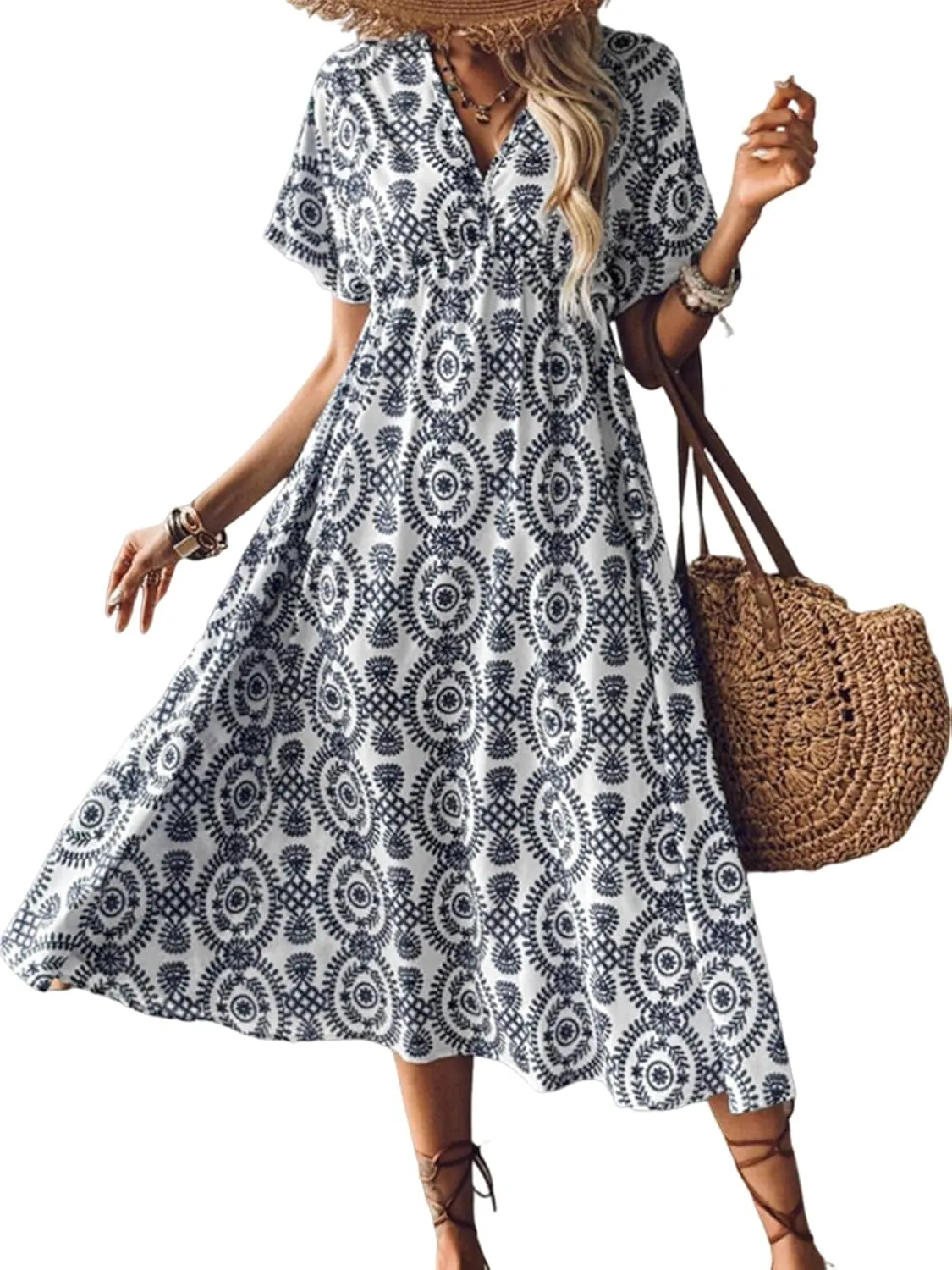 CUPSHE Women Ruffle Boho Midi Summer Dress Paisley V Neck Short Sleeve High Waist Elastic Casual Spring Beach Dresses