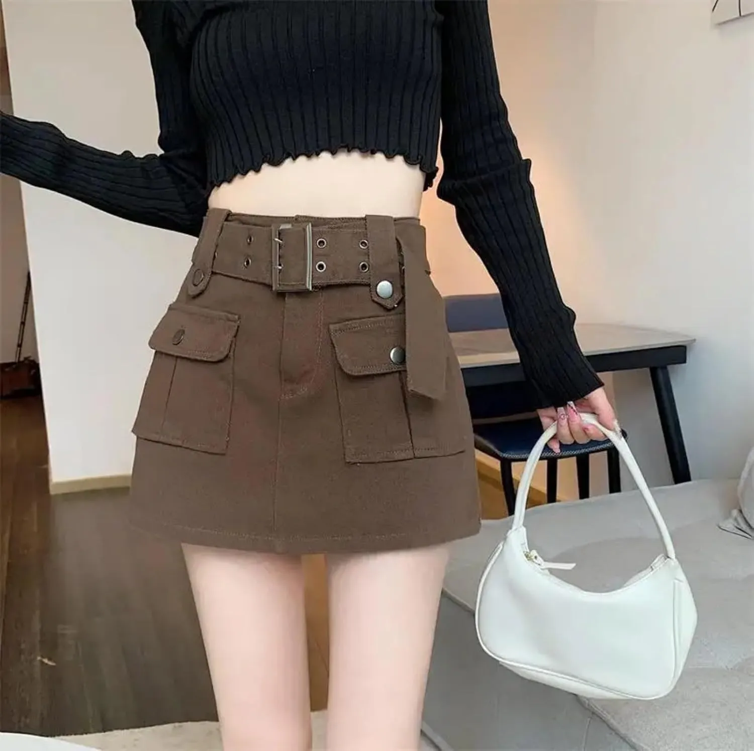 Dawery Fake 2 pcs Skirts Shorts Women Autumn and Winter High-Waisted Y2K A-line Belt Shorts Women's Outwear Cargo Pants