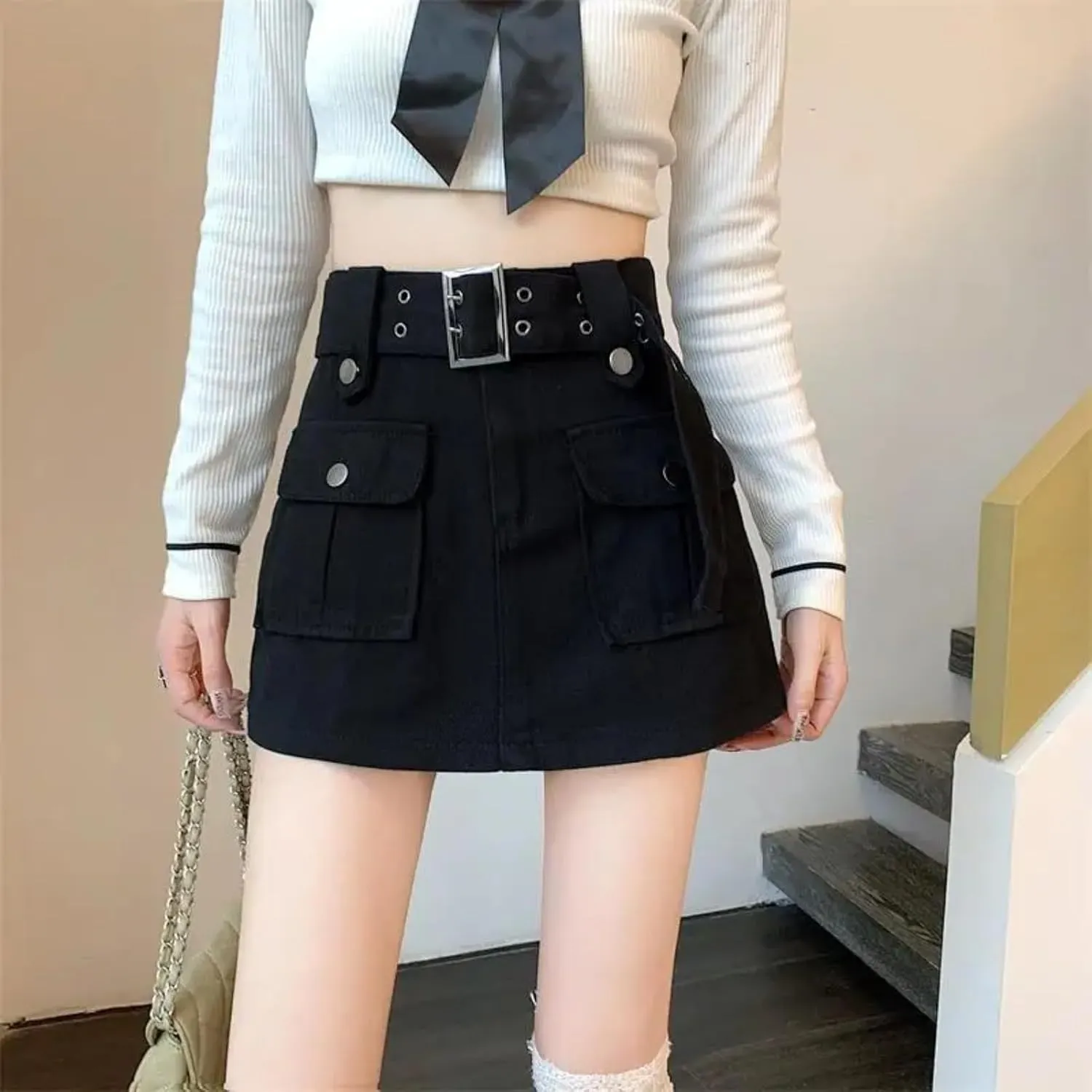 Dawery Fake 2 pcs Skirts Shorts Women Autumn and Winter High-Waisted Y2K A-line Belt Shorts Women's Outwear Cargo Pants