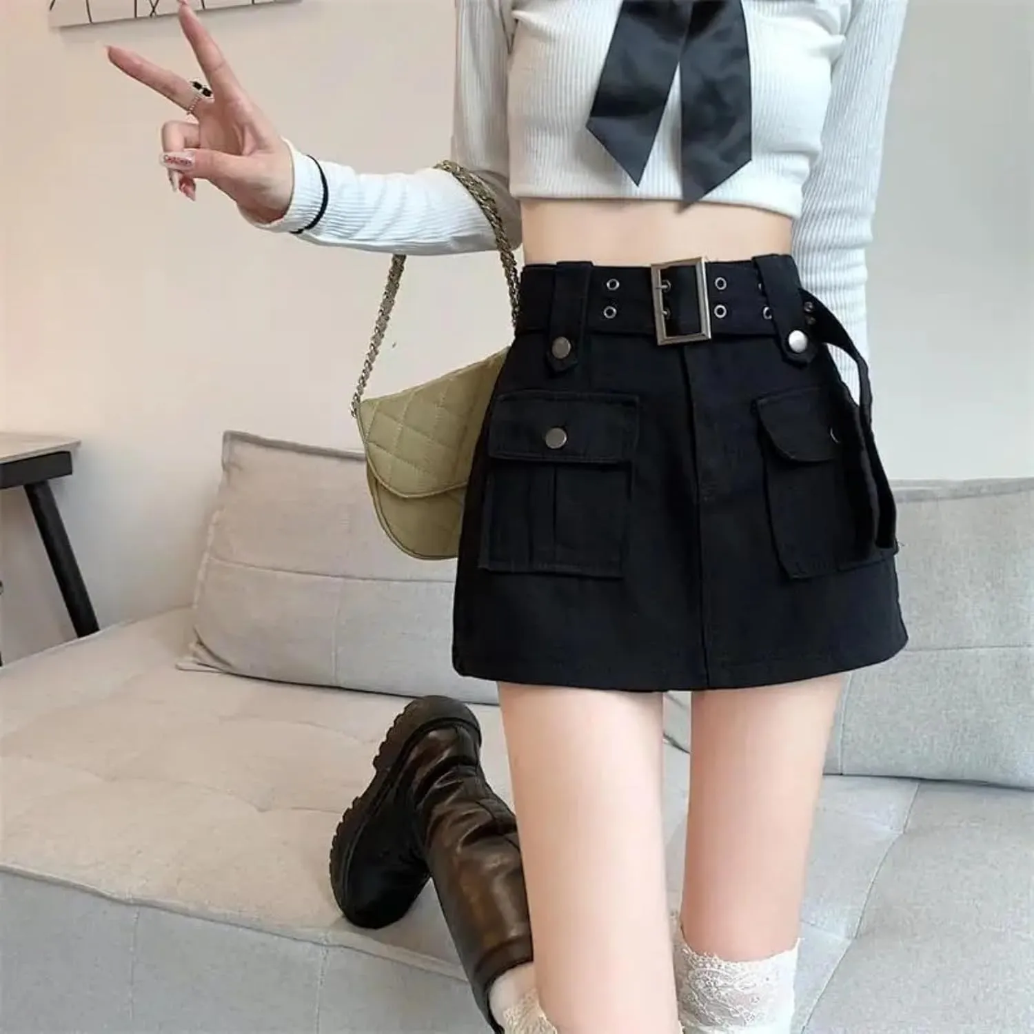 Dawery Fake 2 pcs Skirts Shorts Women Autumn and Winter High-Waisted Y2K A-line Belt Shorts Women's Outwear Cargo Pants