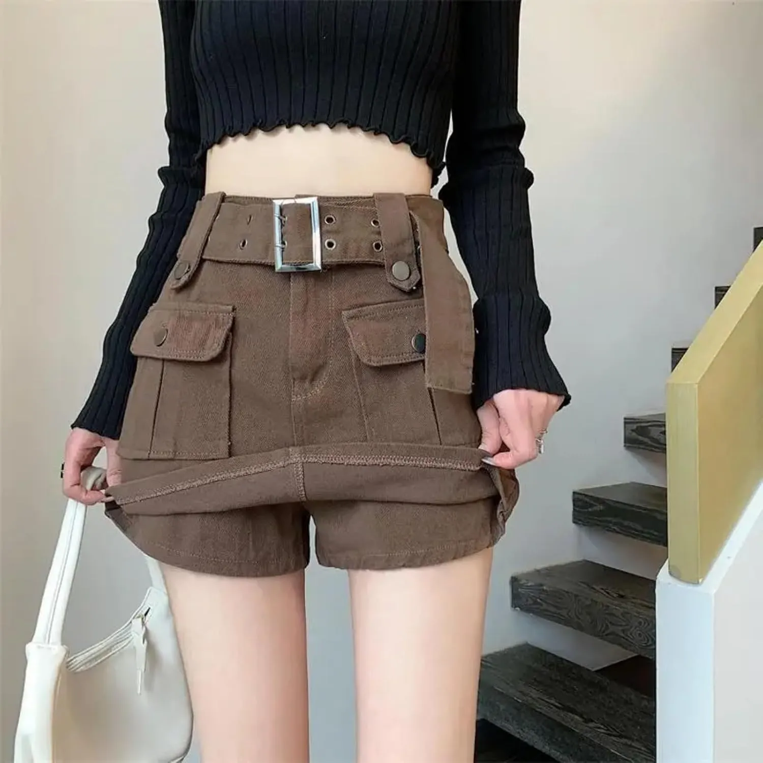 Dawery Fake 2 pcs Skirts Shorts Women Autumn and Winter High-Waisted Y2K A-line Belt Shorts Women's Outwear Cargo Pants