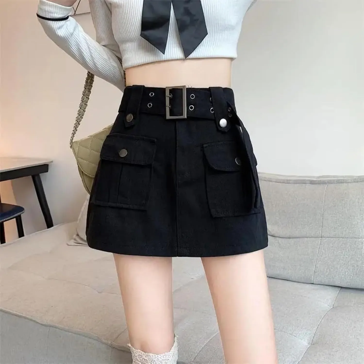 Dawery Fake 2 pcs Skirts Shorts Women Autumn and Winter High-Waisted Y2K A-line Belt Shorts Women's Outwear Cargo Pants