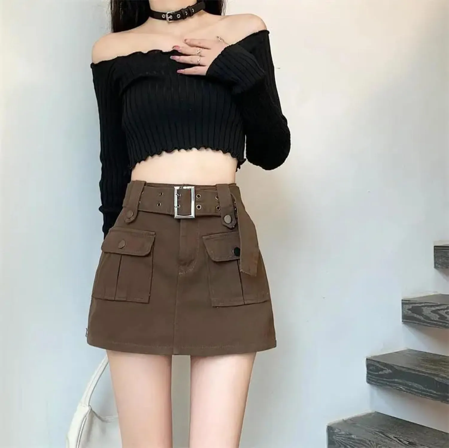 Dawery Fake 2 pcs Skirts Shorts Women Autumn and Winter High-Waisted Y2K A-line Belt Shorts Women's Outwear Cargo Pants